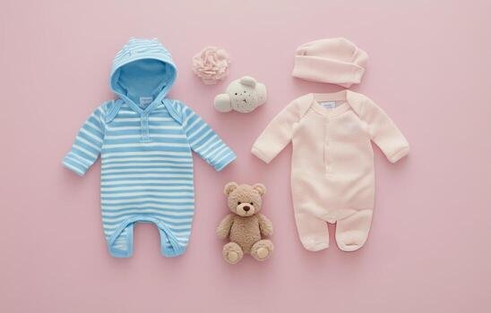 sweet baby clothes and toys arranged on a soft pink background for a charming nursery display free photo